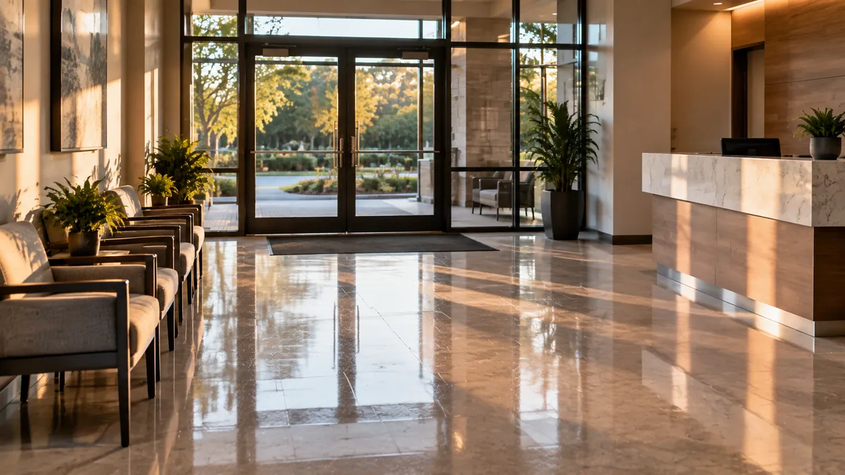 A clean office break room with the counter and sink wiped dry, the microwave door open to show a clean inside and the floor freshly mopped