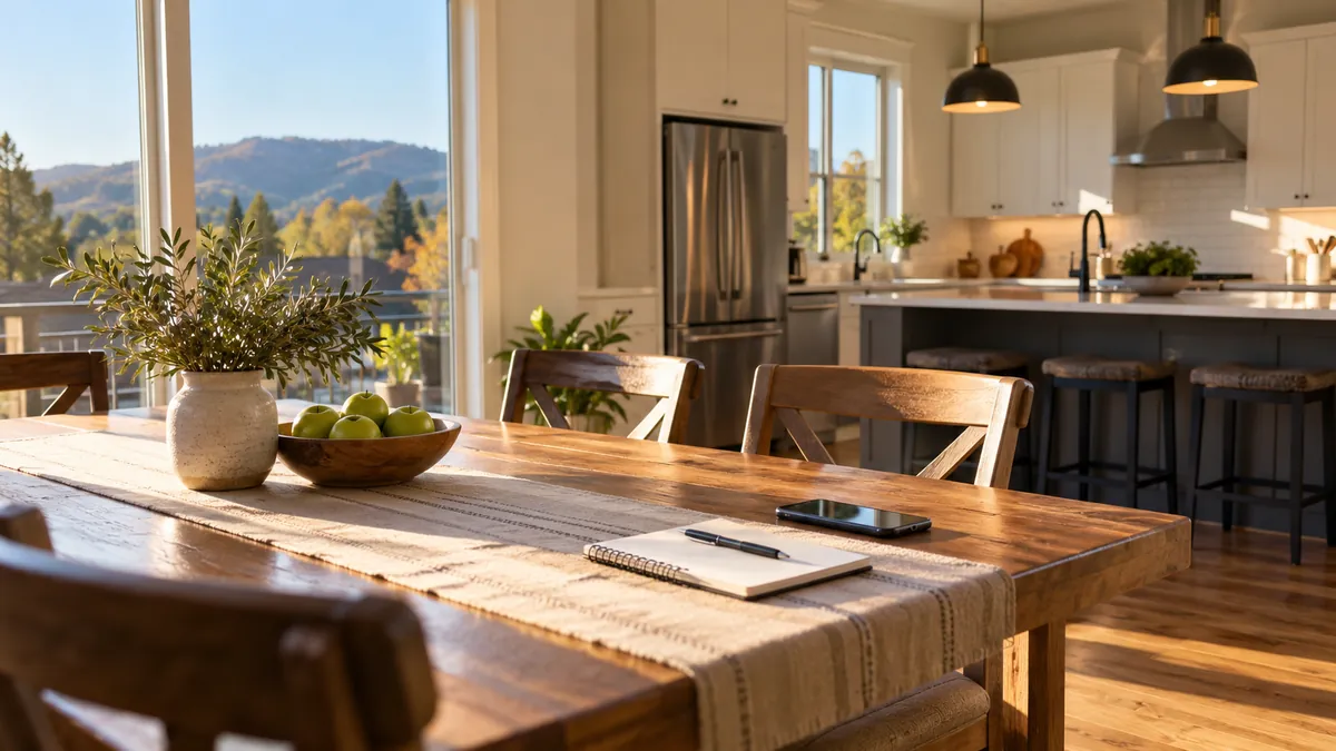 A clean kitchen table by a sunny window with a phone and a blank notepad on it, a tidy room behind