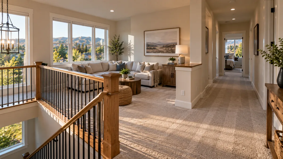 A wide view of a clean upstairs loft and hallway in a finished house, carpet vacuumed in long rows and the stair railing dusted
