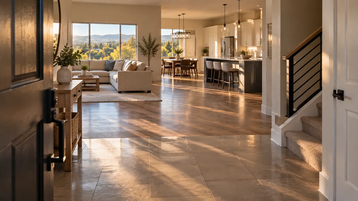 A whole finished house clean seen from the front door, the entry tile mopped and the living room and kitchen beyond it clear and bright